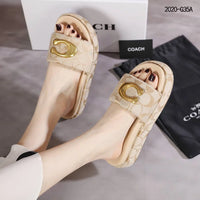 Coach Brand Thick Soled Slippers Logo Print Sandals Leather Women 8109 Beige