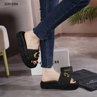 Coach Brand Thick Soled Slippers Logo Print Sandals Leather Women 8109 Black