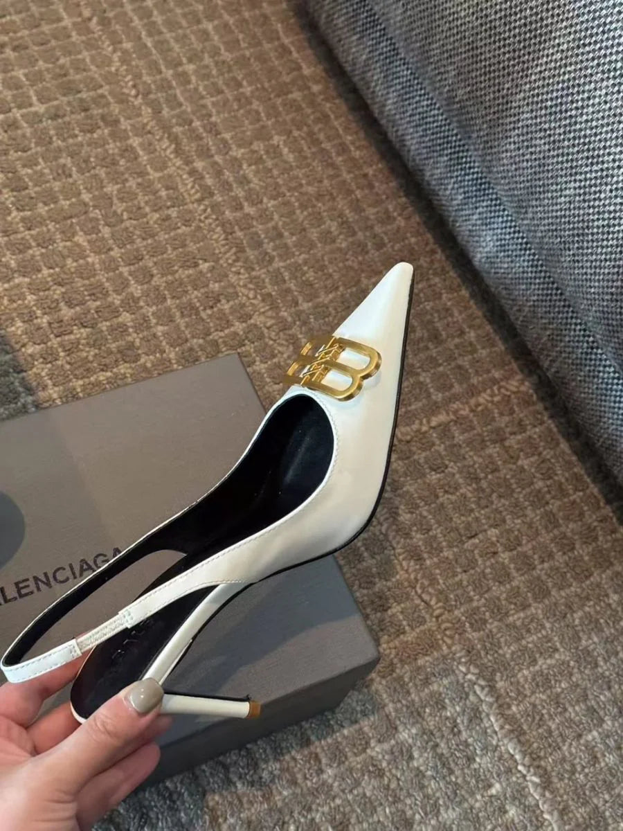 Balenciaga Square Knife BB Slingback Pumps Open Back 8812-5 White