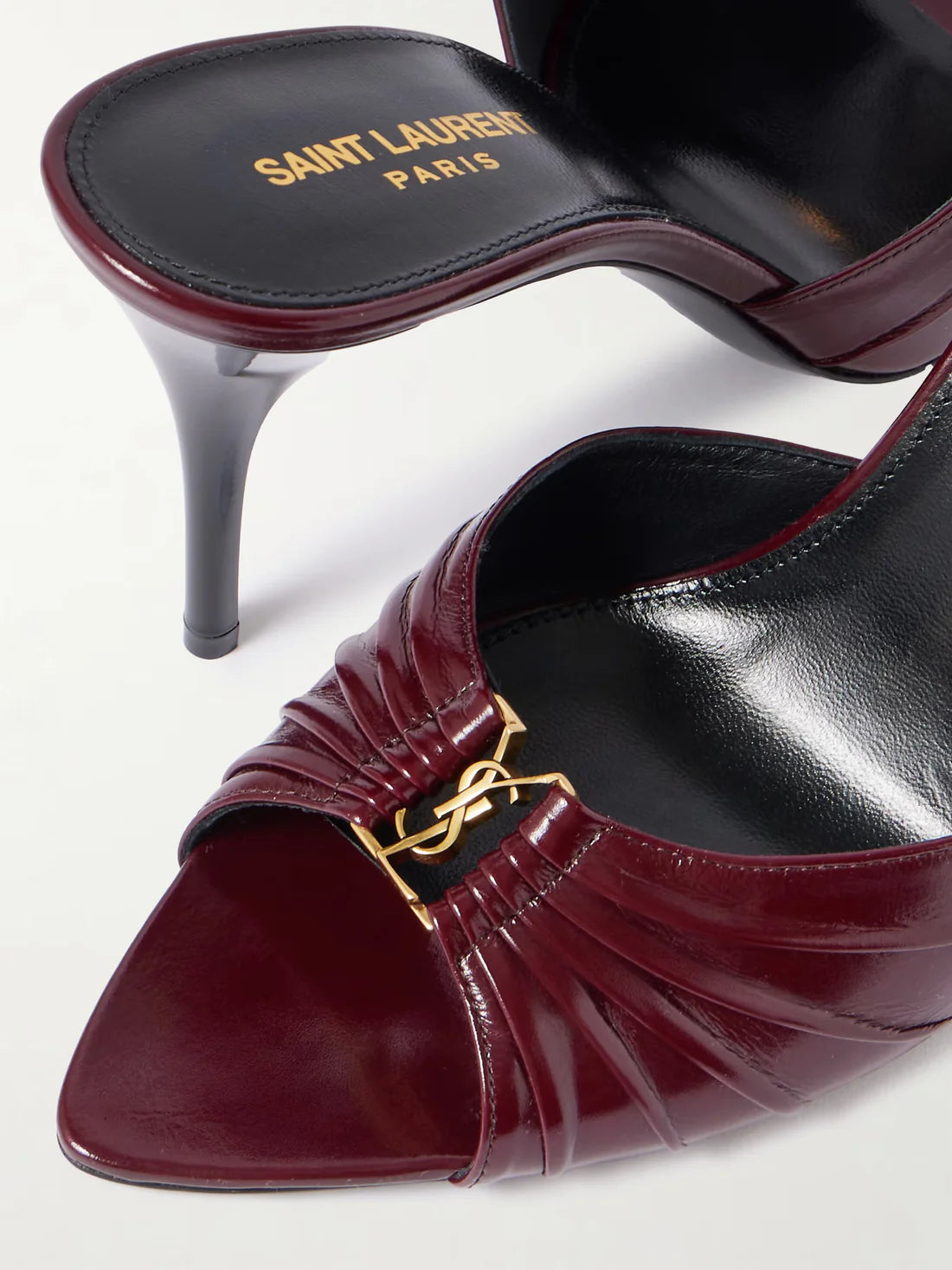 SAINT LAURENT Babylone embellished gathered glossed leather Tipped Slingback Pumps Woman Y5316-2 Burgundy